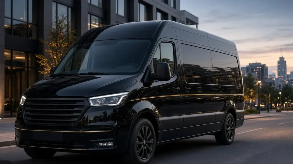 Illustrative image: a black van on a city street at dusk
